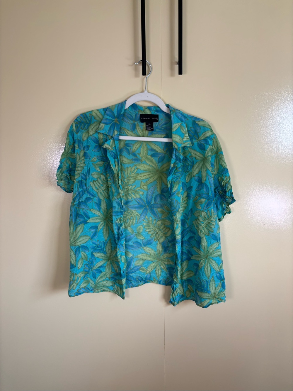 August Silk Turquoise Blue & Green Floral Button-Down Shirt - 100% Silk Vintage